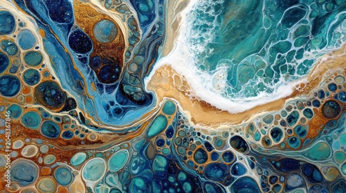 Abstract artwork of flowing water and sandy shore with organic shapes and details