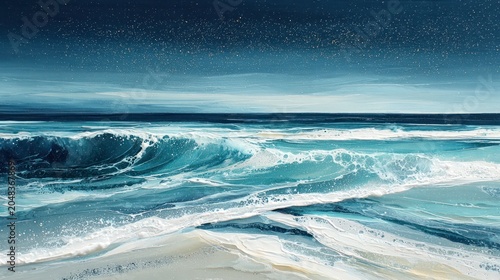 Ocean waves crashing on sandy shoreline artistic watercolor painting