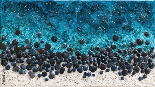 Abstract ocean art depicting waves and pebbles with textured white beach