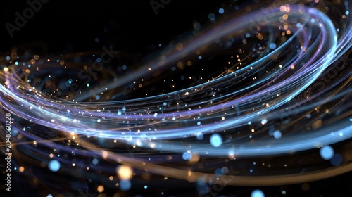 Abstract swirling light trails with bokeh effect on dark background