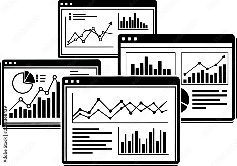 Fototapeta premium Multiple computer windows displaying various business data charts and financial graphs