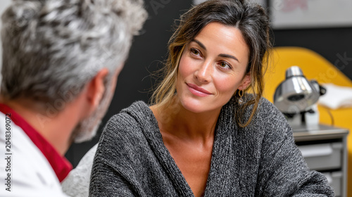 Woman consulting cosmetic doctor in modern clinic for medical consultation brochure and patient care discussion background