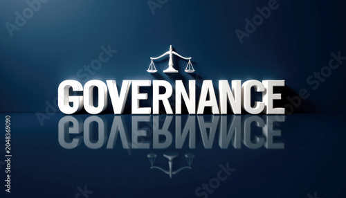 3d GOVERNANCE text with scales of justice icon and reflective surface for corporate governance poster background and law concept