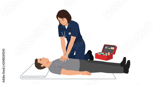 Tableau sur toile Nurse performing CPR on unconscious man, first aid kit nearby