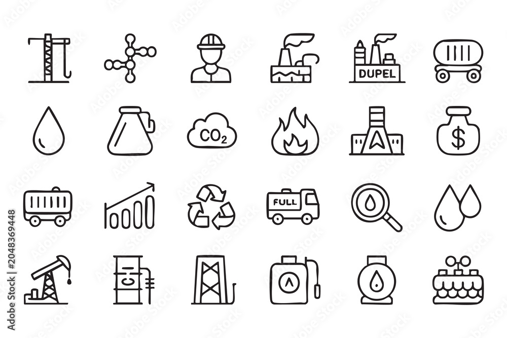 Fototapeta premium Industrial Energy Outline Icons Featuring Oil Barrel Gas Pipeline and Factory