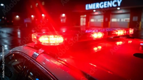 Ambulance arrives at hospital emergency unit at night during rainy weather