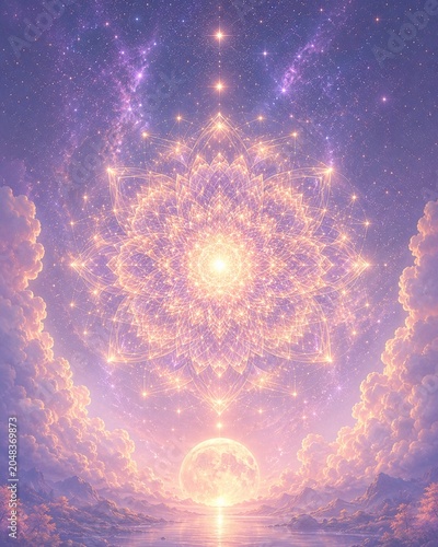 Sacred Lotus Mandala Blooming in Celestial Dreamscape
