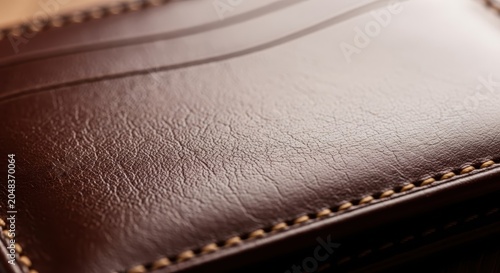 Close-up view of rich brown leather wallet texture showcasing detailed stitching and natural grain