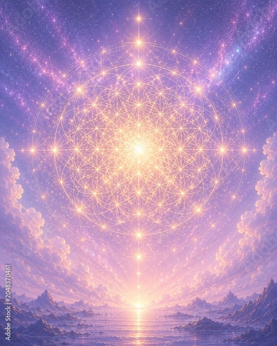 Celestial Flower of Life Sacred Geometry in Pastel Cosmic Sky