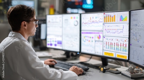 Data analyst working with multiple computer screens analyzing charts and graphs