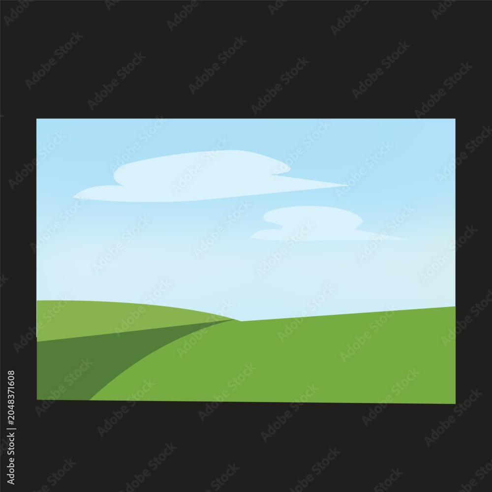 Fototapeta premium Minimalist green hills landscape vector with blue sky and clouds cartoon background