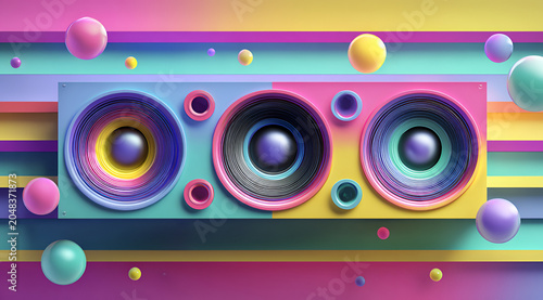A colorful, whimsical audio speaker design with three large circular sound units and floating pastel spheres against horizontal stripes