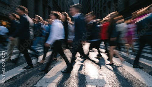 Abstract blurred motion of a diverse crowd of people rushing through a busy city street crosswalk representing urban lifestyle fast paced movement and the dynamic energy of metropolitan living daily