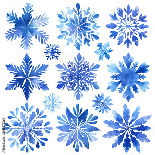 Watercolor illustrations of various snowflakes. They feature different patterns and shades of blue, all set against a white backdrop