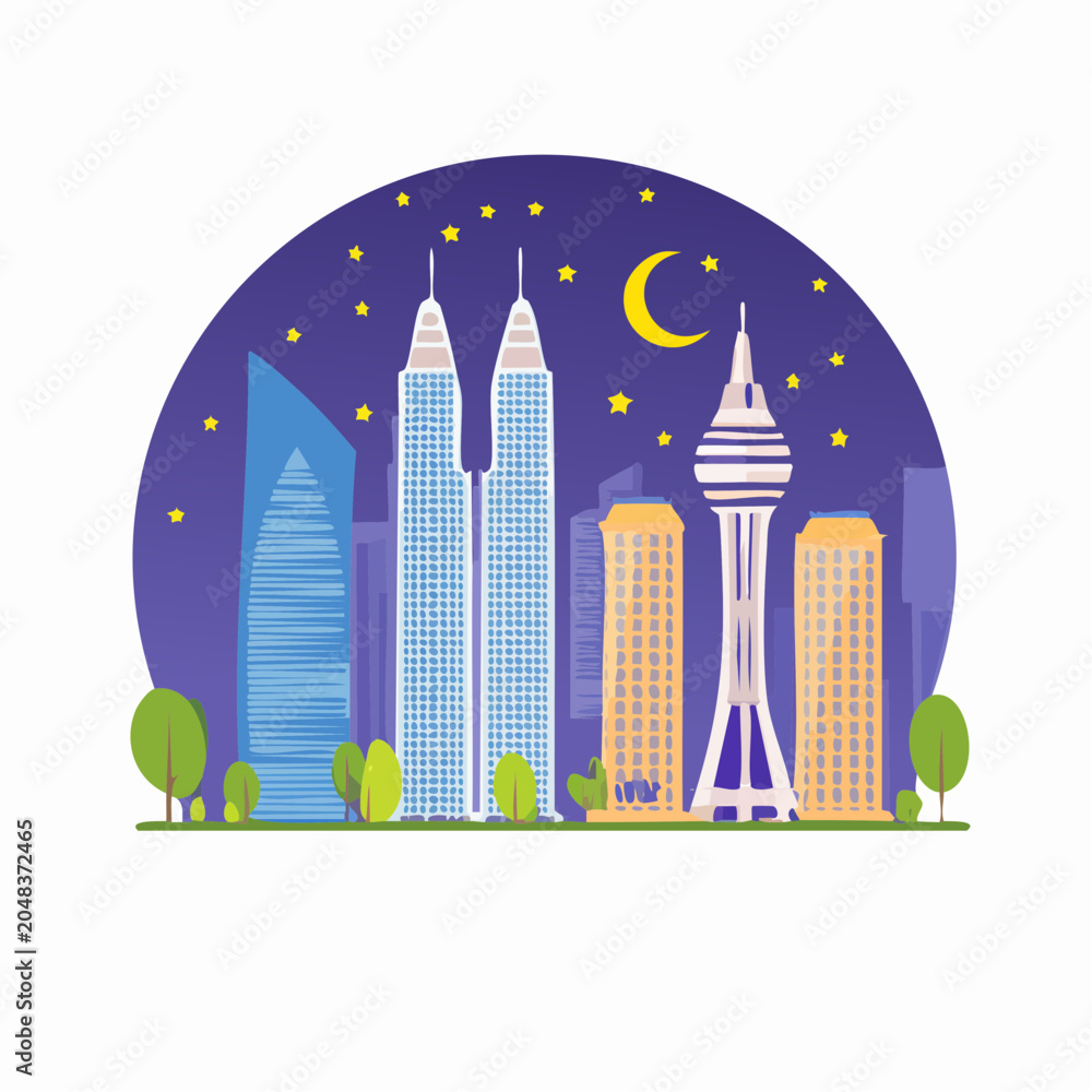 Fototapeta premium Modern city skyline at night with moon and stars in minimalist vector illustration