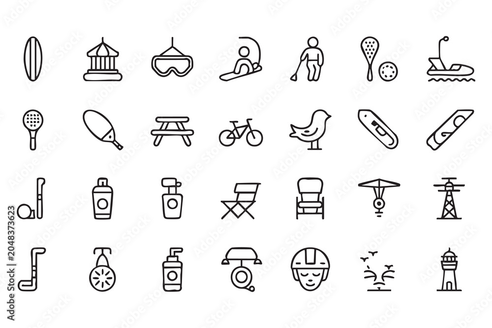 Naklejka premium Recreation and Tourism Outline Icons for Vacation and Holiday Design Projects
