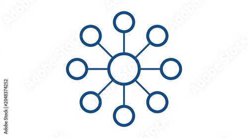 Minimalist network diagram icon, blue circular hub and spoke connection symbol, digital infrastructure and data distribution concept on white background