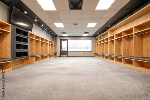 An empty locker room featuring rows of wooden lockers, gray carpet, and a window. Fluorescent ceiling lights illuminate the spacious interior