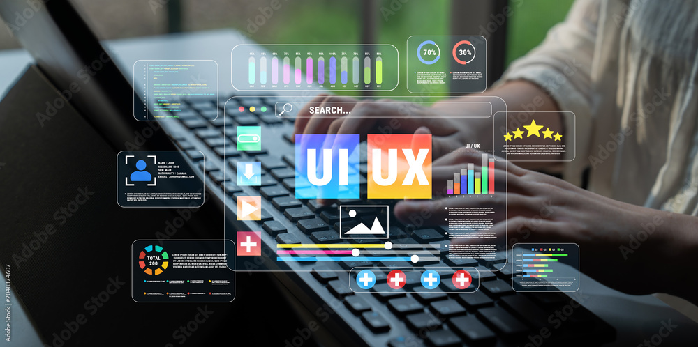 Naklejka premium Hands Typing on Keyboard with User Interface Elements and Data Visualization for UI UX Design Concept in Modern Workspace Quark.