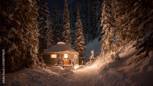 A warmly lit, round dwelling nestled within a snow-covered forest at night, a path leading to it