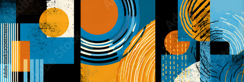 A vibrant triptych abstract artwork. It uses bold shapes, textures, and a color palette of blue, orange, and black, creating a sense of balance