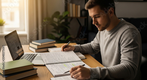 Male Student Concentrating And Writing In Spiral Notebook Near Stacked Textbooks