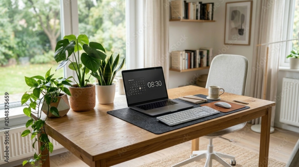 Fototapeta premium Modern Home Office Setup with Laptop and Green Plants by a Bright Window.
