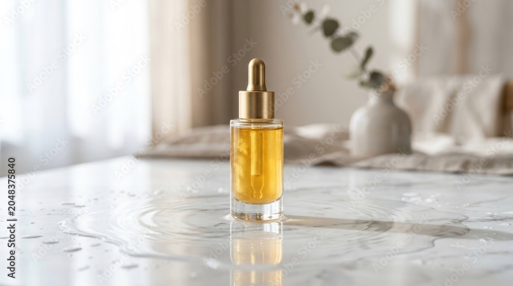 Naklejka premium Golden Serum Dropper Bottle on Marble Table with Water Drops.
