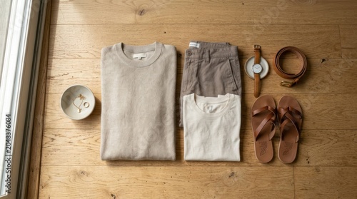 Overhead view of neatly folded clothes and accessories on a wooden floor, ready for travel or daily wear.