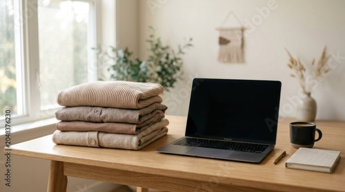 Cozy Home Office Setup with Laptop, Stack of Clothes, and Natural Light.