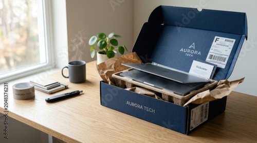 Laptop Unboxing Experience with Sustainable Packaging on a Wooden Desk.