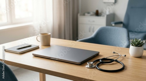 Modern Doctors Office with Laptop, Stethoscope, and Coffee Mug on Wooden Desk.