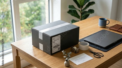 Shipping box on a wooden desk with packing supplies.