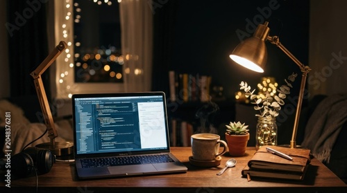Cozy Home Office Setup with Laptop and Warm Lighting at Night.