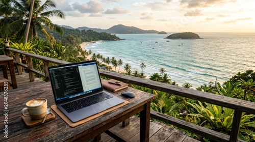 Remote Work Setup on Tropical Balcony Overlooking Stunning Beach and Ocean Sunset.