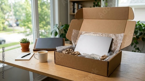 Open cardboard box with a new laptop and packaging materials on a wooden desk by a window.