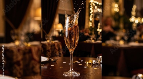 Elegant Champagne Flute with Splash in a Luxurious Restaurant Setting.