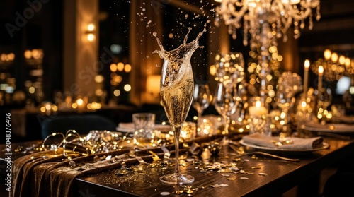 Champagne Splash at Elegant New Years Eve Party Celebration.