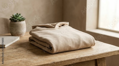 Folded beige sweatshirt on a wooden table with a plant and book.