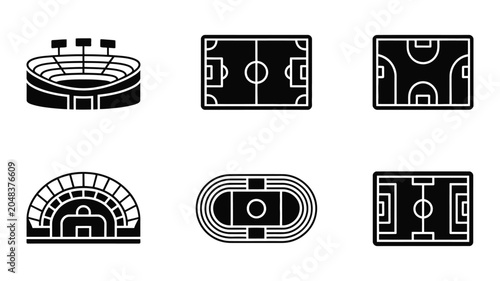 Various sports fields and stadiums icons set