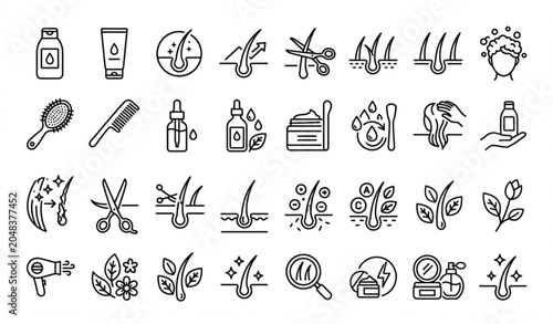 Obraz na płótnie Healthy Hair Care and Maintenance Line Icons Set with Shampoo Conditioner Streng