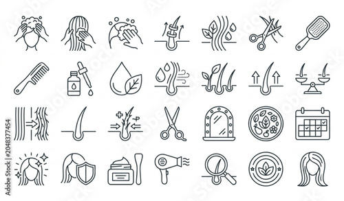 Schilderij op canvas Modern Hair Care Linear Icons Featuring Conditioning Washing Strengthening and H