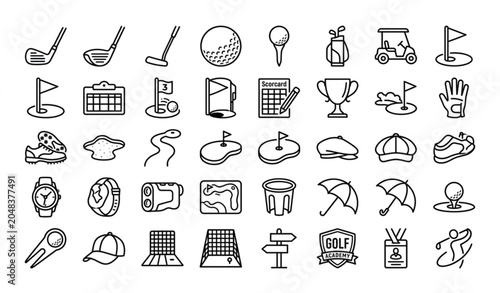 Foto Golf Line Icons Set with Sports Equipment Course Elements and Tournament Symbols
