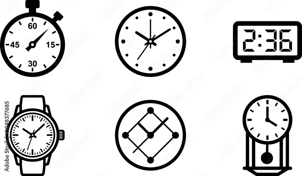 Fototapeta premium Timepiece and Clock Icon Collection Featuring Stopwatch Wall Clock Wristwatch Digital Display and Timing Concepts