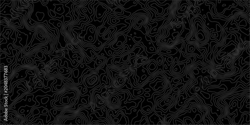 Minimalist black topographic map background with white contour lines representing elevation and terrain features for design.