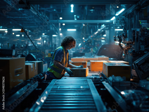 Industrial worker in a neon lit factory working on a production line with cardboard boxes on a conveyor belt