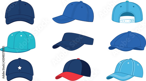 Fotografie Baseball cap vector template collection featuring front side and back views of v