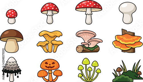Fotografía Cartoon mushroom vector icon set featuring fly agaric chanterelle oyster mushroo