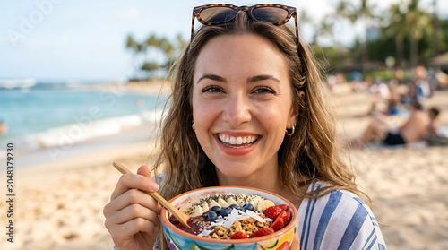 Woman smiles joyfully while eating a fresh acai bowl with tropical fruit toppings at the beach under the bright sunlight.