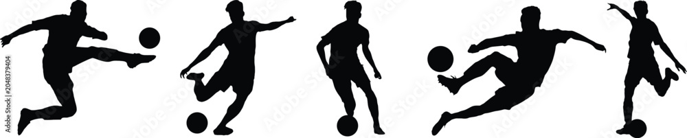 Obraz premium Soccer players silhouettes set, football player kicking ball vector